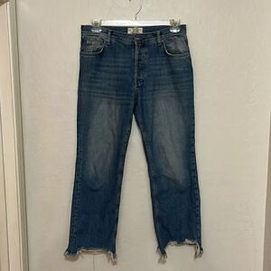 We The Free Blue Distressed Denim Button Fly Raw Hem Shark Bite Jeans Modern